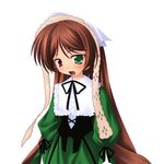  brown_hair dress green_dress green_eyes heterochromia long_hair long_sleeves lowres open_mouth puffy_sleeves red_eyes rozen_maiden simple_background solo suiseiseki takacchi very_long_hair white_background wing_collar 