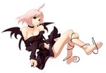  ahoge bare_shoulders barefoot black_eyes breasts choker cleavage demon demon_girl demon_wings dress feet long_sleeves looking_at_viewer medium_breasts off_shoulder original pink_hair short_hair simple_background soles solo sun-3 white_background wings 