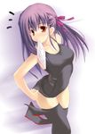  adjusting_clothes adjusting_swimsuit black_school_swimsuit fate/stay_night fate_(series) hair_ribbon long_hair matou_sakura mouth_hold one-piece_swimsuit orange_eyes purple_hair ribbon school_swimsuit soba_(saz) solo swimsuit thighhighs 