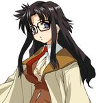  artist_request bangs black-framed_eyewear blush bra glasses lingerie long_hair long_sleeves looking_at_viewer necktie open_clothes open_shirt parted_bangs read_or_die red_neckwear shirt sidelocks simple_background solo underwear white_background yomiko_readman 