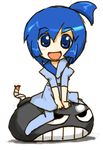  :d apple_inc. artist_request bangs blue_dress blue_eyes blue_hair bomb dress eyebrows_visible_through_hair looking_at_viewer lowres mac_os_7.6 macintosh open_mouth os-tan personification short_hair simple_background smile solo white_background 