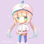  1other ? bangs blonde_hair blue_hair blue_legwear blush brown_shorts captain_(fate/grand_order) chibi closed_mouth eyebrows_visible_through_hair fate/grand_order fate_(series) full_body gradient_hair green_eyes hat jacket kouu_hiyoyo long_hair long_sleeves low_twintails lowres multicolored_hair pantyhose purple_background short_shorts shorts solo standing turban twintails twitter_username very_long_hair white_hat white_jacket 