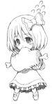  bangs boned_meat chibi eyebrows_visible_through_hair flying_sweatdrops food greyscale hair_ribbon holding holding_food katzeh long_sleeves meat monochrome ribbon rumia short_hair simple_background solo touhou white_background 