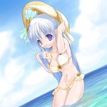  artist_request bikini blue_hair breasts cleavage cloud day flower frilled_bikini frills hat large_breasts long_hair navel original purple_eyes solo straw_hat string_bikini sun_hat sunflower swimsuit wading wardrobe_malfunction water 