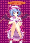  bat_wings blue_hair brown_eyes chin_rest hand_on_own_knee happy_birthday_(artist) hat knees_up mob_cap pink_hat remilia_scarlet sitting solo touhou wings 