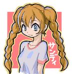  bangs blue_eyes braid breasts brown_hair character_name closed_mouth collarbone eyebrows_visible_through_hair face grey_shirt haganemaru_kennosuke looking_at_viewer marshmallow_times medium_breasts oekaki sandy_(marshmallow_times) shirt short_sleeves sketch smile solo translated twin_braids upper_body 