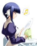  artist_request beamed_eighth_notes blue_hair dishwashing ilfa long_sleeves musical_note plate profile purple_eyes rag robot_ears short_hair_with_long_locks sink smile solo spoken_musical_note to_heart_2 towel water 