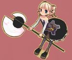  archer_(disgaea) axe bare_shoulders blonde_hair blue_eyes disgaea drill_hair holding holding_axe looking_at_viewer mota pink_background pointy_ears solo twin_drills weapon 