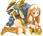  all_fours artist_request belt boots brown_eyes brown_hair hair_ribbon knee_boots long_hair long_sleeves mecha murasame_liger re_mii ribbon simple_background smile white_background zoids zoids_genesis 