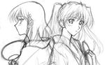  andou_tomoya expressionless fan greyscale long_hair monochrome multiple_girls paper_fan sawachika_eri school_rumble simple_background sketch tsukamoto_yakumo twintails uchiwa white_background 