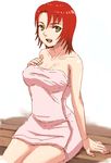  :d artist_request bangs bare_shoulders bench breasts cleavage green_eyes hair_between_eyes hand_on_own_chest impossible_towel large_breasts looking_at_viewer my-hime naked_towel oekaki open_mouth pink_towel red_hair short_hair simple_background sitting sketch smile solo taut_clothes towel white_background wide_hips yuuki_nao 