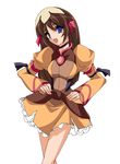  artist_request blue_eyes brown_dress brown_hair choker dress hands_on_hips long_hair long_sleeves lowres re_mii sidelocks simple_background smile solo white_background zoids zoids_genesis 