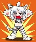  &gt;_&lt; arms_up artist_request closed_eyes midriff navel no_nose open_mouth orange_background os-tan osx paws short_hair solo thighhighs tiger white_hair 