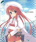  aty_(summon_night) belt beret blue_eyes cape chuujou_kagetsu glasses hat long_hair long_sleeves looking_at_viewer red_hair solo striped summon_night summon_night_3 thighhighs turtleneck 