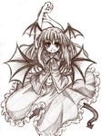  amamizu_(myofuu_kai) bangs bat_wings demon_girl demon_tail demon_wings eyebrows_visible_through_hair fang greyscale hands_above_head head_wings koakuma long_hair looking_at_viewer monochrome simple_background smile solo source_request succubus tail touhou white_background wings 