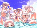  aisha_scarlet_yang alma_hamillton ass bent_over bikini blonde_hair blue_eyes blush child choker cloud competition_swimsuit crossed_legs day eliza_lancaster flat_chest green_eyes koe_(sapphism) koume_keito long_hair maid miliera multiple_girls nicolle_gerald niki_baltretti one-piece_swimsuit one_eye_closed open_mouth outdoors ponytail purple_eyes purple_hair red_eyes sapphism_no_gensou sarong school_swimsuit short_hair sitting sky smile swim_cap swimsuit twintails very_long_hair wading wallpaper water white_hair yellow_eyes 