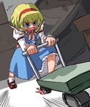  alice_margatroid artist_request bangs blonde_hair blue_dress blue_eyes bobby_socks capelet dress dutch_angle hairband long_sleeves mary_janes open_mouth platform_truck pushing sash shoes socks solo source_request touhou when_you_see_it white_legwear 
