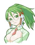  blush breasts cleavage closed_mouth eyebrows_visible_through_hair face glasses green_eyes green_hair haganemaru_kennosuke homeko looking_at_viewer medium_breasts necktie os-tan red_neckwear simple_background sketch smile solo upper_body white_background xp_home-tan 