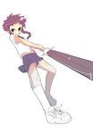  artist_request blue_eyes braid full_body kneehighs looking_at_viewer looking_down midriff minagi_mikoto my-hime panties pantyshot pantyshot_(standing) pink_panties pleated_skirt purple_hair school_uniform shoes short_hair simple_background skirt sneakers socks solo standing sword twin_braids underwear weapon white_background white_legwear 