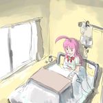  ahoge artist_request bandages bed futaba_channel hospital hospital_bed huge_ahoge intravenous_drip pink_eyes pink_hair sitting solo we-tan window 