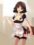  apron breasts brown_eyes brown_hair cleavage curly_hair fishnet_legwear fishnets garter_straps glasses kazu kikuko_(kazu) large_breasts lingerie original panties short_hair solo thighhighs underwear waitress wrist_cuffs 