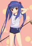  blue_hair bow buruma golf golf_club gym_uniform hair_bow hand_behind_head kishida_mel kooh long_hair pangya red_eyes solo very_long_hair 