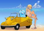  bare_legs barefoot beach blonde_hair blue_eyes can car cloud day feet ground_vehicle kiriman_(souldeep) leg_up messerschmitt motor_vehicle mouth_hold ocean on_vehicle one-piece_swimsuit original outdoors ponytail sand sandals sitting sitting_on_object sky soles solo swimsuit water white_swimsuit yin_yang 