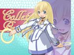  blonde_hair blue_eyes blush chakram character_name choker collet_brunel dress eyebrows_visible_through_hair face haganemaru_kennosuke long_hair long_sleeves mosaic_background pantyhose smile solo tales_of_(series) tales_of_symphonia weapon zoom_layer 