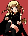  blonde_hair blue_eyes blush evangeline_a_k_mcdowell grin hands kantoku kneehighs long_hair long_sleeves looking_at_viewer mahou_sensei_negima! no_shoes outstretched_hand reaching simple_background sitting smile socks solo 