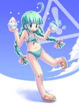  ahoge bandaid bandaid_on_knee bangs bikini blue_background blue_eyes blunt_bangs blush bow braid child front-tie_top full_body green_bikini green_hair hair_bow hands_up holding long_hair looking_down md5_mismatch me-tan open_mouth os-tan outline red_bow sandals shaved_ice solo swimsuit tripping twin_braids waka_(sagi) 