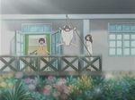  aruto_(kokoro_toshokan) brown_hair cosplay door flower hanging house iina kokoro_(kokoro_toshokan) kokoro_toshokan long_hair multiple_girls outstretched_arms porch screencap short_hair spread_arms spread_legs standing teruterubouzu window 