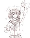  arm_up bow clenched_hand closed_eyes greyscale hair_tie long_sleeves momiji_mao monochrome simple_background sketch skirt smile solo to_heart_2 uniform waving white_background yuzuhara_konomi 