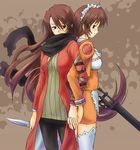  artist_request back-to-back brown_eyes brown_hair dual_persona frilled_legwear frills gun hazel_(summon_night) holding_hands interlocked_fingers knife long_hair long_sleeves maid multiple_girls orange_shirt paffel pantyhose rifle scarf shirt smile summon_night summon_night_2 summon_night_3 thighhighs very_long_hair waitress weapon white_legwear 