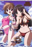  adjusting_hair aiko_harmony ball beachball belt bikini black_hair blush breasts brown_hair cameltoe cellphone cellphone_camera cellphone_picture choker cleavage cloud covered_nipples day flip_phone front-tie_top gad_guard green_eyes highres holding_beachball long_hair megami multiple_girls navel nishida_asako non-web_source official_art open_mouth outdoors phone pink_bikini pose quality red_bikini red_eyes scan self_shot shinozuka_arashi short_hair side-tie_bikini sky small_breasts straddling string_bikini swimsuit tankini v wading water wet yellow_choker 