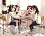  black_hair book bow braid brown_hair chair chopsticks classroom desk drinking food glasses gozenta hair_bow indoors long_sleeves lunch multiple_girls original pantyhose pleated_skirt school_chair school_desk school_uniform shadow shoes skirt sunlight sweater tile_floor tiles twin_braids uwabaki window 