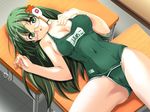  alternate_color_school_swimsuit blush breasts cleavage covered_nipples desk glasses green_eyes green_hair green_swimsuit homeko kuuchuu_yousai large_breasts long_hair looking_at_viewer lying name_tag navel on_back one-piece_swimsuit os-tan school_desk school_swimsuit solo swimsuit third-party_edit xp_home-tan 