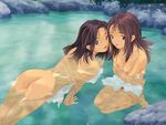  ass black_hair breasts brown_hair copyright_request medium_breasts multiple_girls nipples nude onsen pubic_hair tayama_mamito towel water wet 