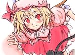  artist_request bangs blonde_hair blush eyebrows_visible_through_hair fang fang_out flandre_scarlet laevatein looking_at_viewer puffy_short_sleeves puffy_sleeves red_eyes short_hair short_sleeves smile solo source_request touhou wings 