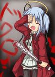  artist_request blood blood_on_face bloody_weapon blue_hair bokusatsu_tenshi_dokuro-chan closed_eyes club excalibolg halo hand_on_forehead kanabou long_sleeves mitsukai_dokuro open_mouth solo thighhighs weapon 