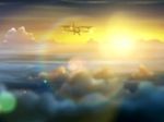  airplane biplane cloud cloudy_sky futakoi lens_flare no_humans screencap sky sunset 