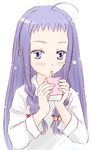  ahoge artist_request ayase_yue bell blue_eyes blue_hair blush braid drinking jingle_bell juice_box long_hair long_sleeves mahou_sensei_negima! solo twin_braids upper_body 