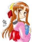  95-tan aoi_kumiko bag blush brown_eyes brown_hair half_updo japanese_clothes kimono long_hair long_sleeves looking_back obi os-tan sash solo 