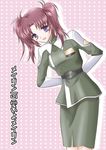  belt earl-shirokneeso gundam gundam_seed gundam_seed_destiny leaning long_sleeves meyrin_hawke military military_uniform open_mouth pencil_skirt pink_hair polka_dot polka_dot_background purple_eyes skirt solo twintails uniform 