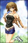  :p ahoge bare_shoulders belt brown_eyes brown_hair camisole cloud day denim denim_shorts food frame groin leg_up long_sleeves looking_at_viewer open_fly original outdoors panties popsicle shinya_puu short_hair short_shorts shorts socks solo standing standing_on_one_leg tongue tongue_out underwear unzipped white_panties 