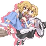  alice_margatroid artist_request blonde_hair blue_eyes blush book broom broom_riding carrying hair_ribbon hairband hat kirisame_marisa multiple_girls princess_carry ribbon shanghai_doll shoes source_request touhou tress_ribbon witch_hat 