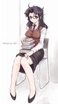  artist_request black_hair blue_eyes blush book book_stack chair copyright_name full_body glasses long_hair long_sleeves looking_at_viewer messy_hair necktie read_or_die sitting skirt smile solo vest yomiko_readman 