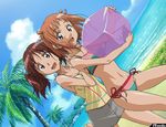  artist_request beach bikini brown_eyes brown_hair cloud day gokujou_seitokai hair_bobbles hair_cubes hair_ornament multicolored multicolored_bikini multicolored_clothes multiple_girls oume_ayumu outdoors palm_tree randou_rino short_twintails side-tie_bikini swimsuit tree twintails water 