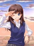  2002 blue_eyes brown_hair dated long_sleeves misaki_juri one one_eye_closed pleated_skirt salute school_uniform signature skirt smile solo sweater sweater_vest vest yuzuki_shiiko 