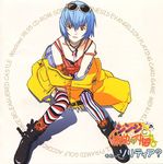  ayanami_rei blue_hair boots casual coat eyewear_on_head fashion honda_takeshi looking_at_viewer looking_up mismatched_legwear multicolored multicolored_clothes multicolored_legwear neon_genesis_evangelion pale_skin plaid red_eyes short_hair solo striped striped_legwear sunglasses thighhighs vertical-striped_legwear vertical_stripes 