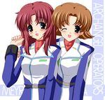  :d ;d arm_up bangs belt blue_eyes blush brown_hair character_name chisato_(missing_park) english gundam gundam_seed gundam_seed_destiny hand_on_shoulder long_hair long_sleeves looking_at_viewer lowres meyrin_hawke miriallia_haw multiple_girls one_eye_closed open_mouth parted_bangs red_hair short_hair sidelocks simple_background smile turtleneck uniform upper_body white_background 
